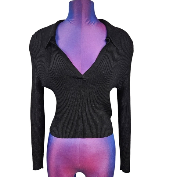 Divided Minimalist‎ Black Ribbed Knit Stretch Long Sleeve Crop Top Size XL O2 - Picture 1 of 7